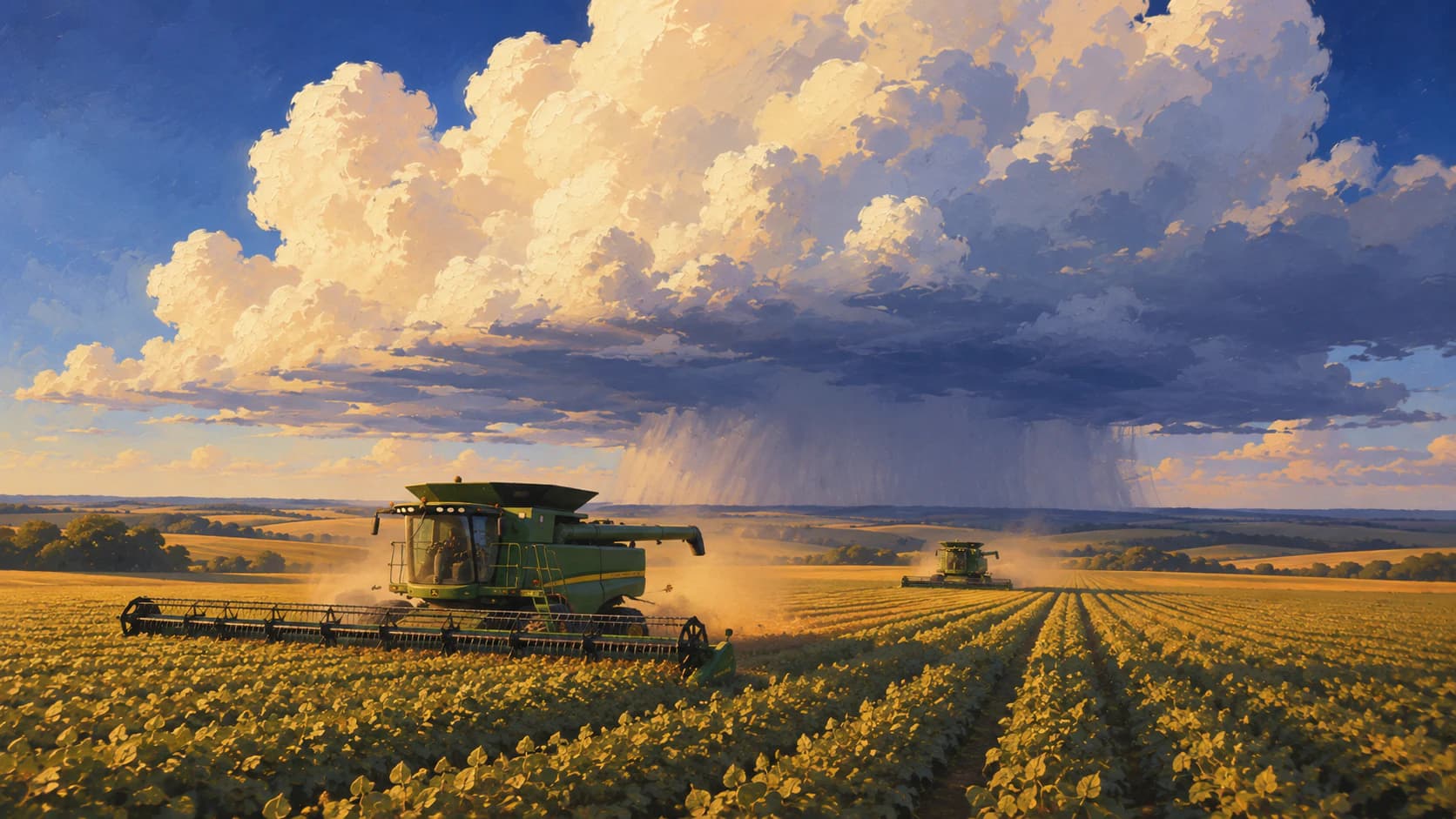 Farmland beneath monumental storm clouds and evening rain