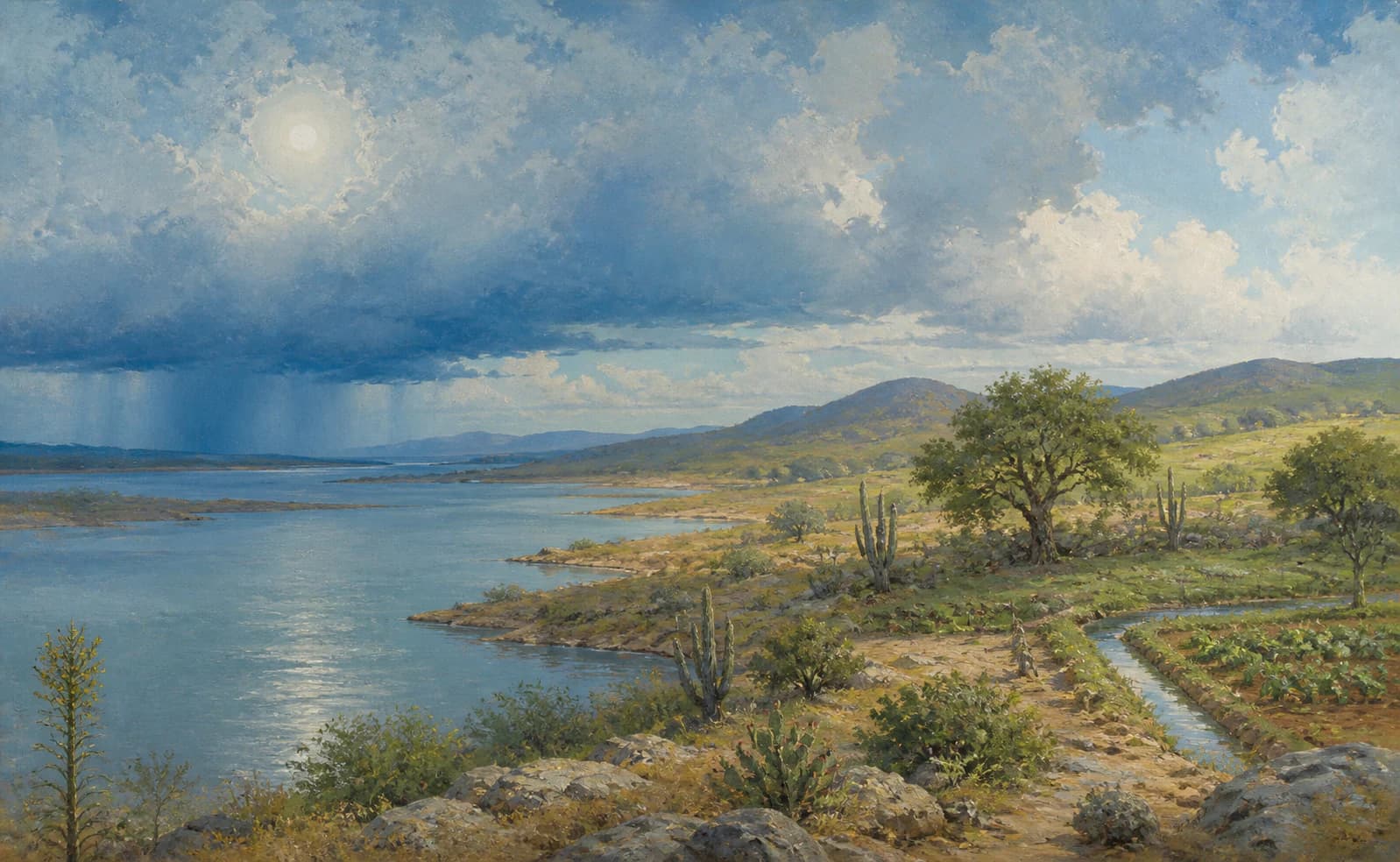 Painting of the Caatinga, a reservoir and productive land after rain in northeastern Brazil