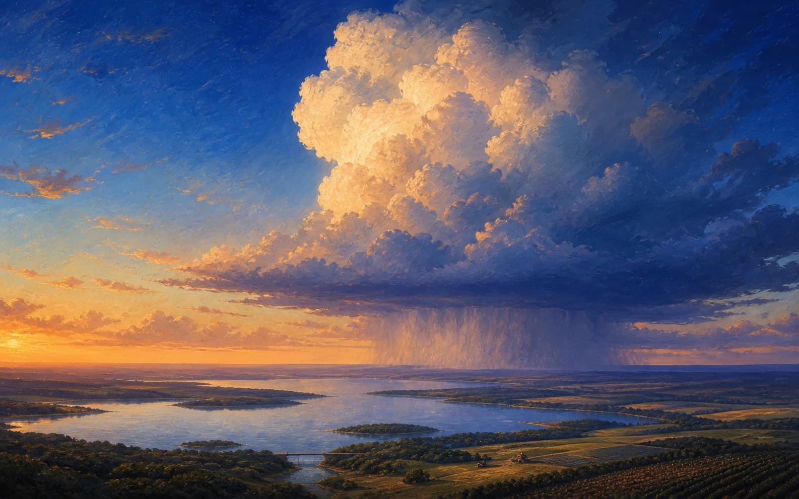 Distant rain over a reservoir and productive landscape