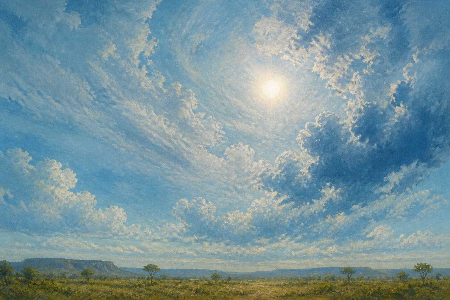 Atmospheric painting of a monumental sky over the Cerrado in Mato Grosso
