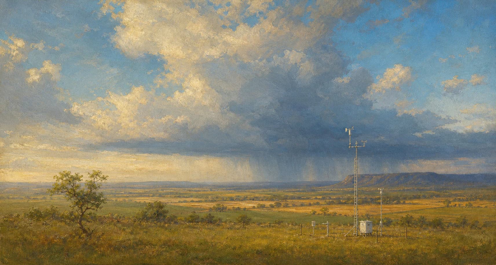 Painting of a discreet weather station facing a storm in the Cerrado of Goiás